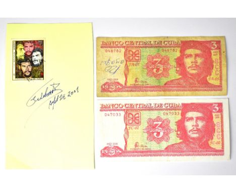 FIDEL CASTRO; a Cuban stamp affixed to a piece of card bearing his signature and date Sept 14 2001, also two Cuban bank notes