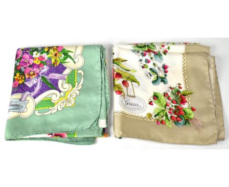 GUCCI; two vintage silk scarves, and ivory silk scarf with all-over design of summer fruits, strawberries, cherries, cherry b