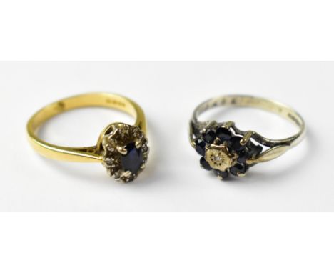 Two 9ct gold ladies' dress rings, both floral set with white and blue stones, size N and K,  combined approx 6g (2).