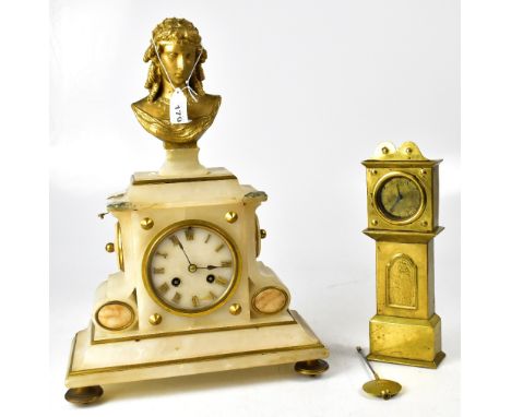 A French-style alabaster mantel clock with gilt bust of a Middle Eastern lady, gilt-heightened, the circular dial set with Ro