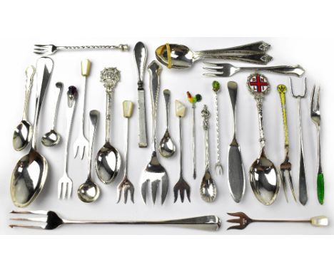 Various items of hallmarked silver cutlery to include long pickle fork, four cocktail forks with mother of pearl tops, salt s