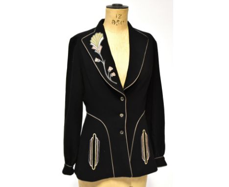 EMMA SOMERSET; a vintage Pure New Wool fitted black jacket with peplum in the 1940s style, with Art Deco applied satin and em