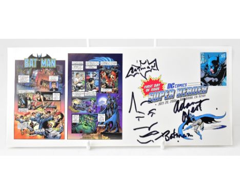 BATMAN; a promotional first day cover style envelope, bearing the signature of Adam West, with a doodle of Batman.We have not