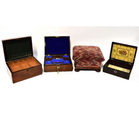 Three 19th century boxes, a fitted rosewood sewing box with mother of pearl inlay, royal blue velvet interior each lift-out s