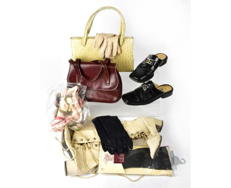 Two vintage c1960s handbags comprising an ostrich cream leather example and an oxblood Bagcraft of London example, a pair of 