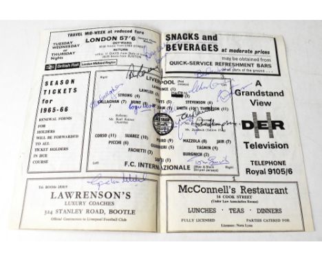 LIVERPOOL FC; a programme for Liverpool v F.C. Internazionale, May 4th 1965, bearing signatures to the cover of Joe Fagan and