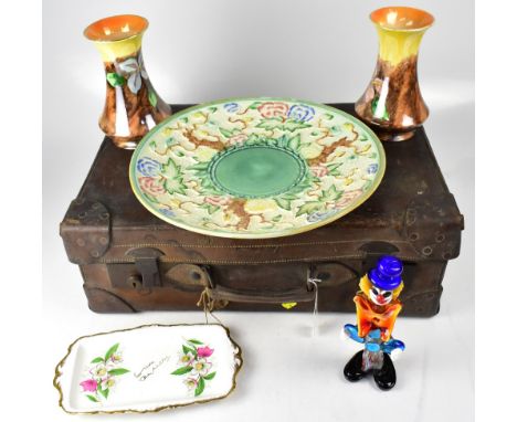 An autographed porcelain sandwich plate, signed 'Best wishes, Stanley Matthews' in gold pen, length 30cm, an Italian art glas