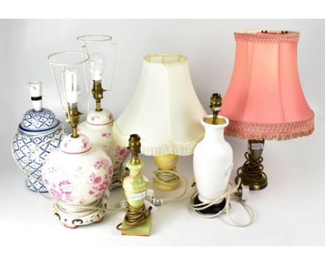 A group of seven assorted table lamps to include a pair of baluster crackle glaze lamps with floral decoration to Chinese ins