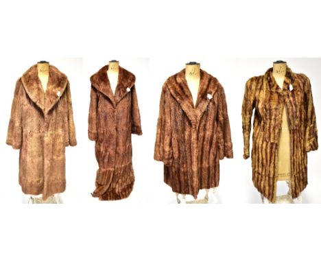 Four vintage fur coats comprising a camel and brown striped fur coat with short collar, hook and eye fittings and brown linin