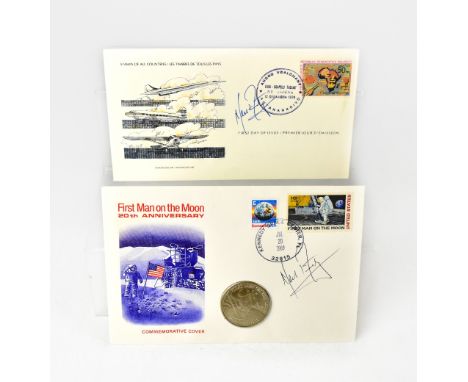 NEIL ARMSTRONG; a first day cover with postmark dated 1979, bearing the legendary astronaut's signature and a further coin fi