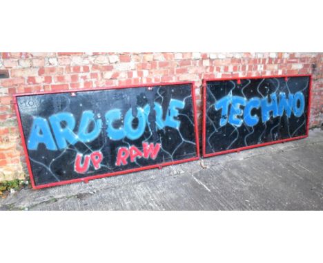 Two vintage red painted metal framed fairground ride advertising boards, inscribed 'Ardcore Up Raw' (sic) to one and 'Techno'