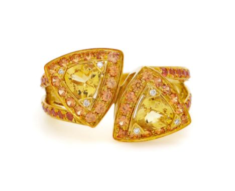 Mauboussin, bague "Toi &amp; Moi" or 750, sertie de citrines taille triangle entourées et épaulées de saphirs oranges taille 