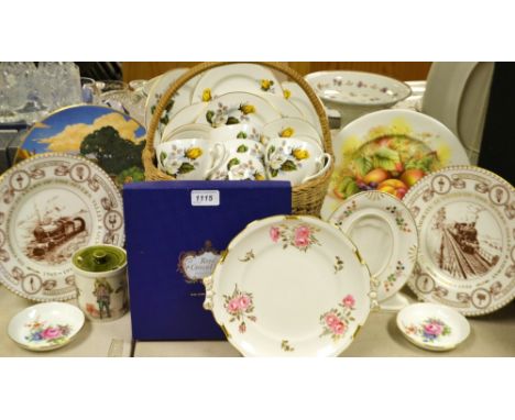 A Royal Grafton floral tea service in a wicker basket ; a Royal Crown Derby Pinxton rose pattern circular shaped plate; a pai