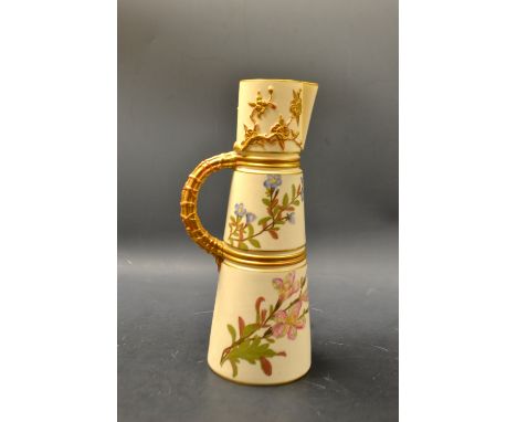 A Royal Worcester spreading cylindrical jug, printed and painted with honeysuckle, blossom and other flowers a blush ivory gr