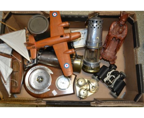 Boxes and objects - a miners lamp, another similar ; a wall barometer ; a pair of Nipole field glasses ; a treen model of a W