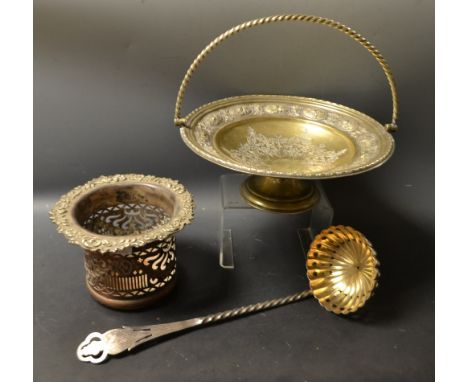 A Walker and Hall ladle, decorated with tulips, twisted handle ; a Victorian EPNS swing handled fruit basket etc (3)