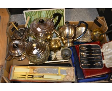 An EPNS four piece tea service; tea knives, cased; cake forks, boxed; fish servers, knives and forks, cased; carving set, box