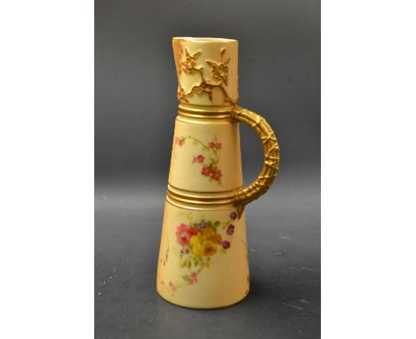 A Royal Worcester spreading cylindrical jug, printed and painted with colourful floral sprigs, on a blush ivory ground, half 