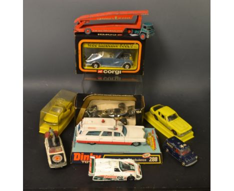 Toys - A Dinky Toys Superior Cadillac Ambulance;  Corgi Tour de France;  Corgi Austin Mini Van;  Corgi Jaguar XJR9  etc 