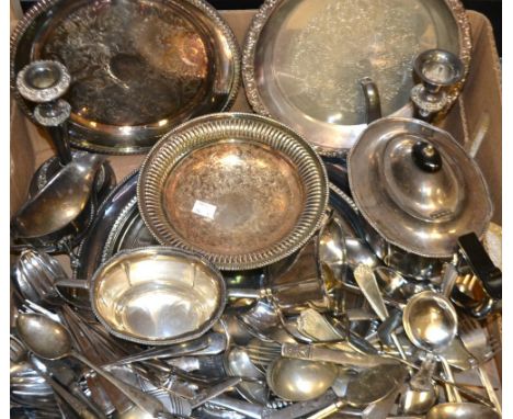 An EPNS tea service; silver plated trays; candlesticks; flatware; etc (1 box)