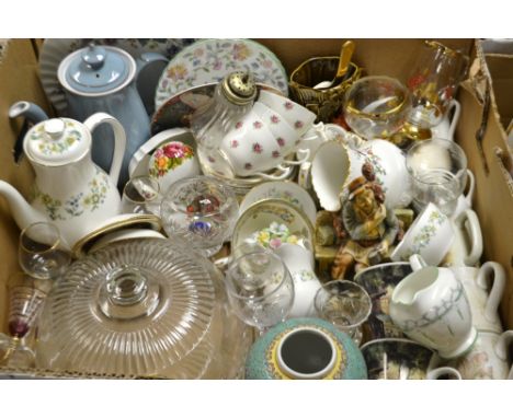 Ceramics and Glassware- a large glass domed cheese dish; a naturecraft vagrant figure, a Sylvac squirrel vase;  Royal Albert 