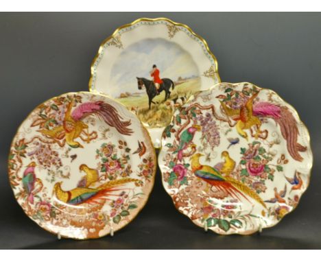 A Royal Crown Derby shaped circular hunting scene plate, by C. M. Pell, signed;  two Olde Avesbury plates (3)