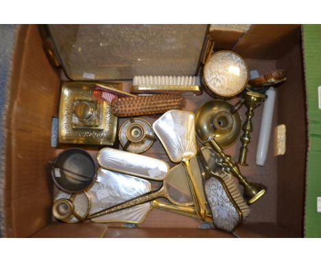 An early 20th century brass mounted ink stand; a mid-20th century dressing table set; a brass chamber stick; etc