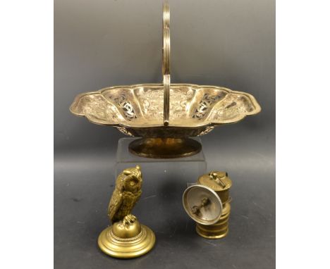 A premier brass bike lamp;  a novelty brass inkwell as a owl;  EPNS basket (3)