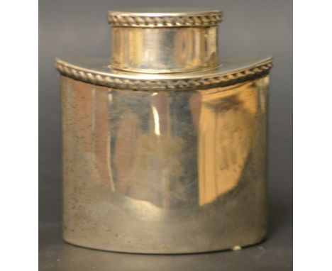 A Victorian silver oval tea caddy, of plain design, beaded borders, push on cover, 9cm high, Deakin & Francis Ltd, Birmingham