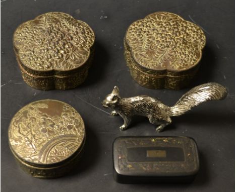 A pair of Japanese base metal five petal shaped trinket pots and covers; another similar; a Victorian hinged snuff box; a sil