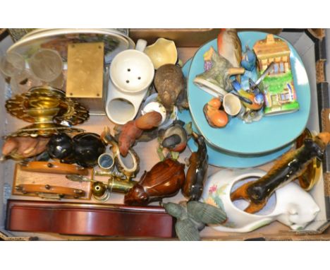 A Beswick gloss brown foal; a Royal Wynton Cottage sugar sifter; decorative bird and animal models; a trench art pepper; a Mi