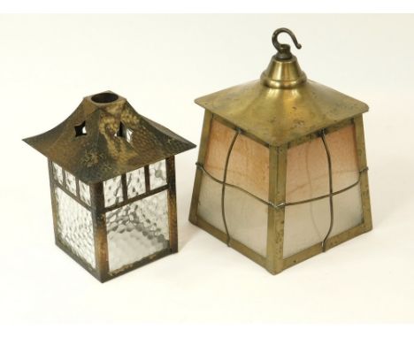 HALL LANTERNS. Two vintage hallway lamp shades, one in brass & one with tinted glass. Tallest 26cm.  Please note that all ite