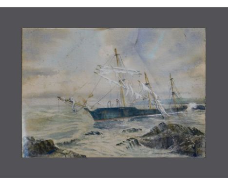 SHIPWRECK PAINTING. A watercolour shipwreck portrait of the S.S. Bay of Panama, driven ashore & onto the cliffs just south of