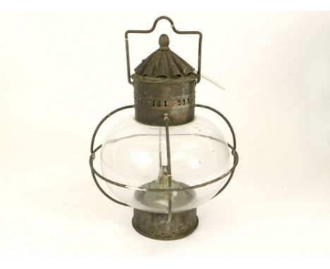 HANGING LAMP. A spherical hanging oil lamp with electrical cable. Height 35cm. Please note: For safety, all used lighting sho