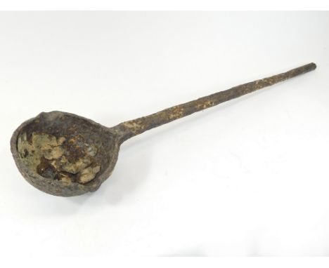CAST IRON LADLE. A massive cast iron, twin lipped ladle used to move molten tin from the furnace into the ingot moulds. Lengt
