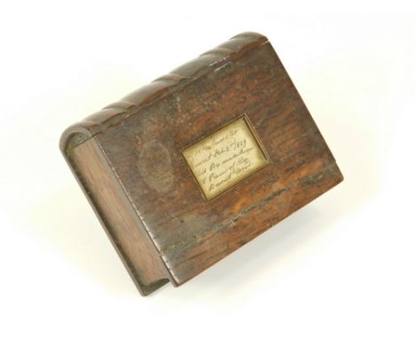 YORK MINSTER SOUVENIR. A small oak, book shaped box, the lid inset, behind glass an inscription, 'York Minster burnt Feb. 2nd