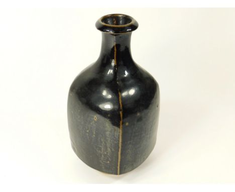 TREVOR CORSER. A Trevor Corser tenmoku glazed paddle-sided bottle vase. Impressed personal & Leach Pottery marks. Height 29cm