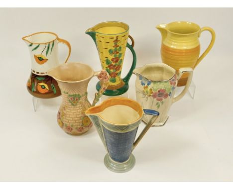 ART DECO JUGS. Six various Art Deco jugs including Shelley, Arthur Wood, Wadeheath & Myott.  Please note that all items in th