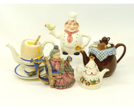 COLLECTORS TEAPOTS. Five various collectors teapots including a Wade Christmas teapot & a Fitz & Floyd, Limited Edition, Quee