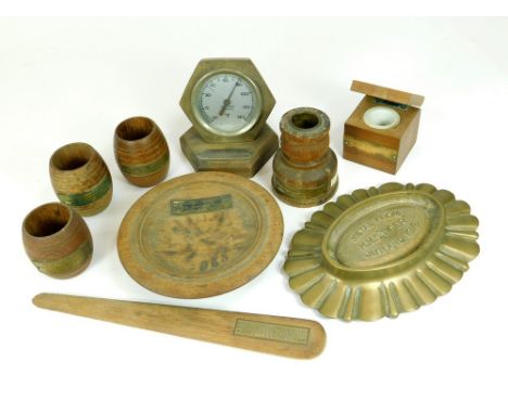 NAVAL SOUVENIRS. Various wooden antique souvenirs, including an inkwell (HMS Iron Duke), a thermometer (HMS Birmingham), etc.