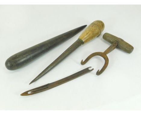 FISHING TOOLS. A sail maker's Fid, 12.5cm, a fisherman's named bone net needle for William H. Mann & two other tools.  Please