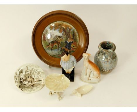 POT LID ETC. A 19th century pot lid showing a dog retrieving a boy's sailing boat. Diameter 12cm, framed. Also, a Victorian m