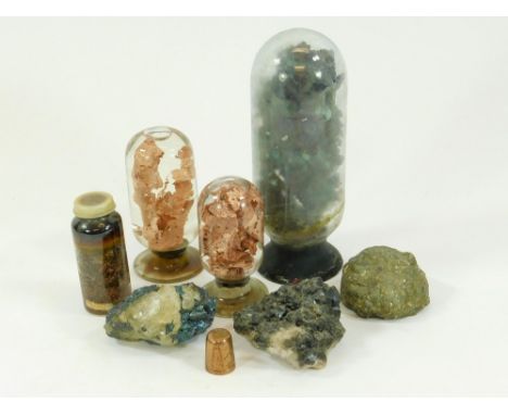 MINERAL SPECIMENS. Four specimens of 'native copper' encased in glass. Tallest 17cm. Also, three mineral samples & a copper t
