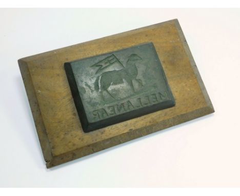 TIN SMELTER'S STAMP. An original bronze tin smelter's stamp for Mellanear Mine. Overall size incl. mahogany mount, 21.5 x 13.