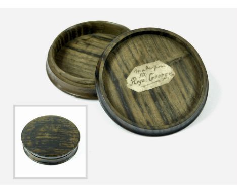 H.M.S. ROYAL GEORGE. A turned oak snuff box made from the timbers of H.M.S. ROYAL GEORGE, which sank at Spithead in 1782. Wit