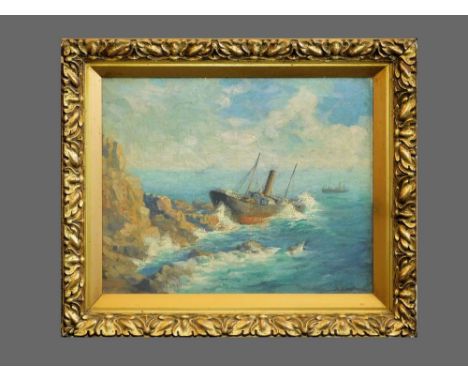 BROR KRONSTRAND. Shipwreck portrait of S.S. Benwick wrecked near Porthcurno, West Cornwall, 1903. Signed B. KRONSTRAND with i