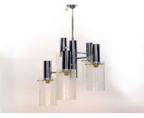 LIGHT FITTING. A five branch, chromed, modernist type light fitting with crackle glass shades. (Shades are modern replacement