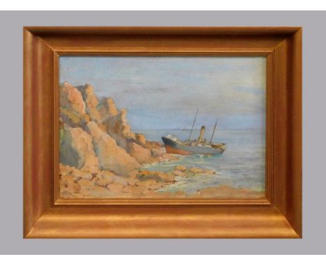 ROBERT MORSON HUGHES (Attrib.) Shipwreck portrait of S.S. BENWICK wrecked near Porthcurno West Cornwall. Oil on panel. Unsign