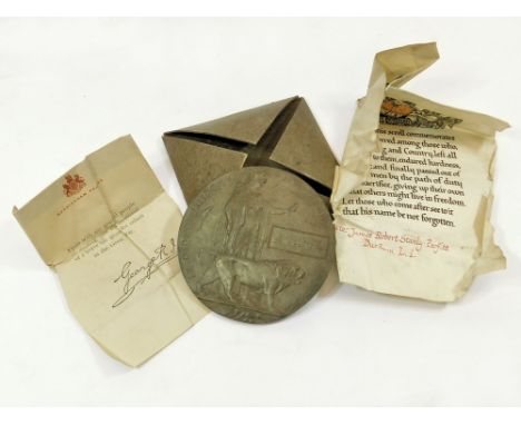 WWI DEATH PLAQUE. A WWI Death Plaque for James Robert Stanley Parfitt of the Durham Light Infantry in original cardboard cove