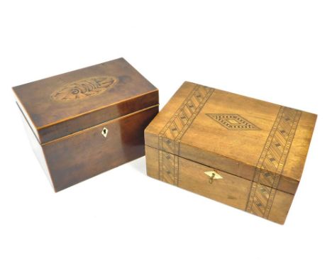 TEA CHEST ETC. A 19th century mahogany tea chest with inlaid panel & bone escutcheon. The interior with twin caddies, 13.5x21